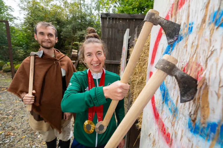 Paralympic Champion Linda Kelly Tries Axe Throwing at the Irish National Heritage Park